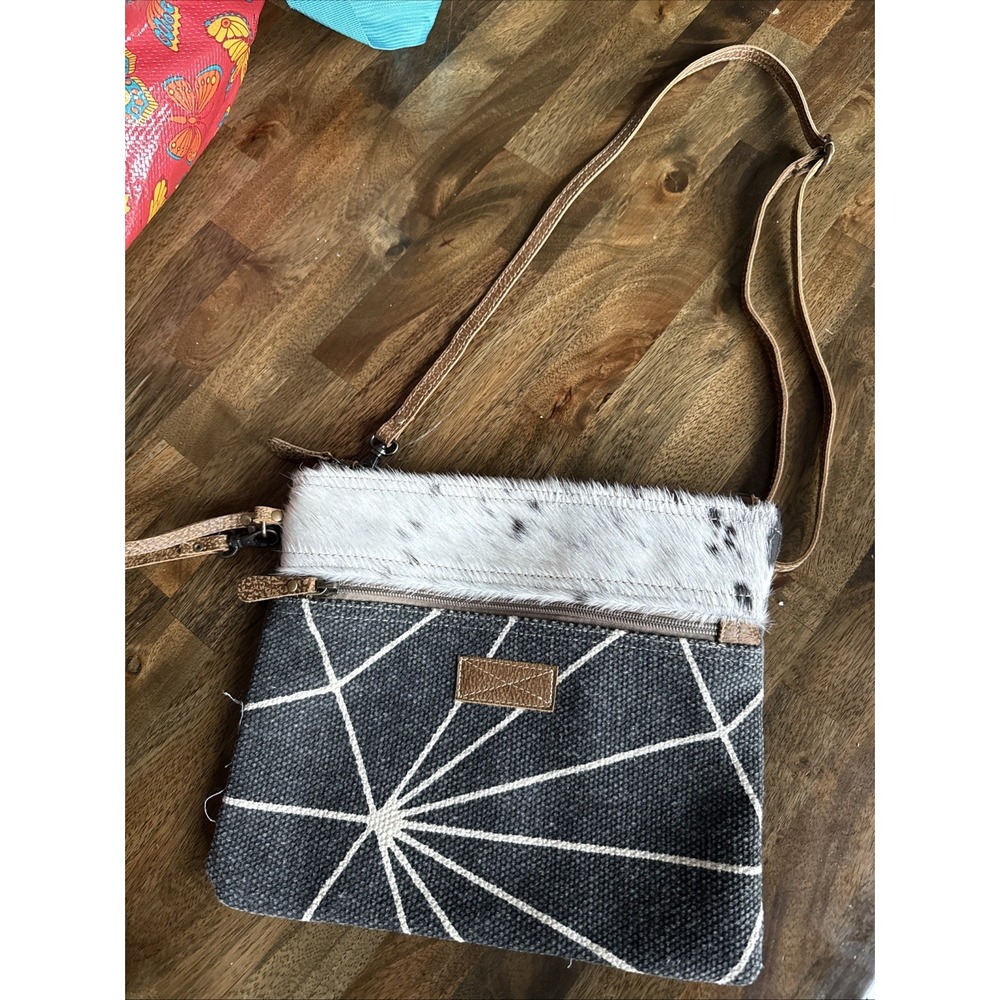 Myra Crossbody Bag Canvas Hairon Cowhide Leather Flap Zip Cotton Lining Western
